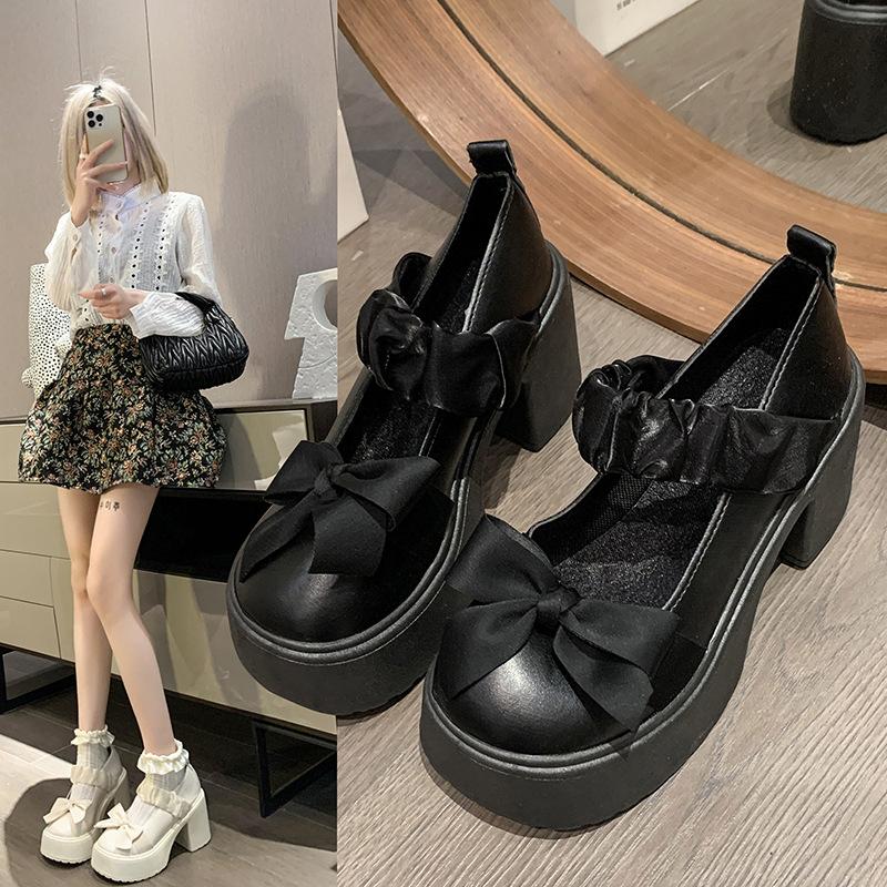 Mary Jane Shoes Women's Autumn and Winter 2025 New Platform Muffin Sole Thick Heel Small Leather Shoes Bow Single Shoes High Heels