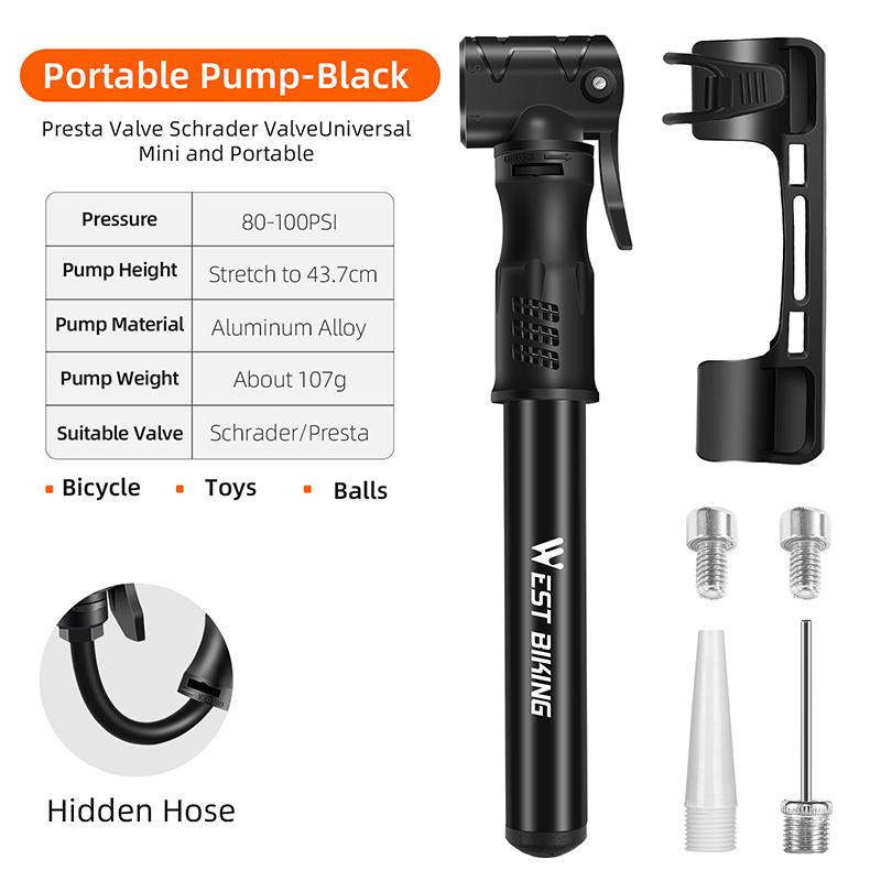 WEST BIKING Portable Bike Pump Aluminum Alloy Bicycle Air Pump Tire Inflator Schrader/Presta Universal Road Cycling Accessories