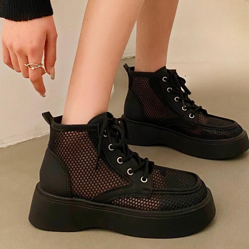 Женские полые ботильоны, новые короткие туфли на шнуровке с дышащей сеткой на платформе для женщин, модная летняя женская повседневная обувь