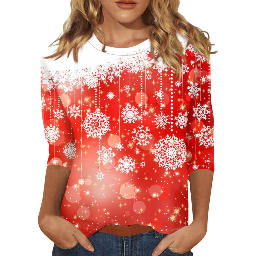 Women's Fashion Casual Seven Sleeve Christmas Printed Round Neck Top