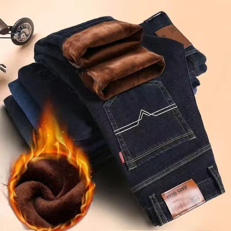 Autumn Winter Men's Jeans Fleece-Lined and Thickened Straight-Leg Loose-Fit Plus Size for Cold Weather Outdoor Wear