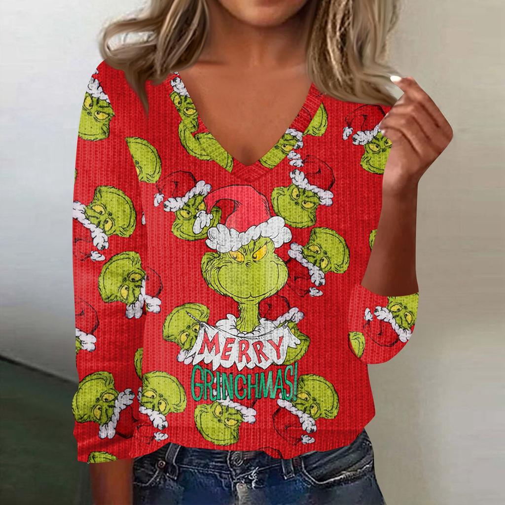 Women's Cute Sweatshirt Knitted Fashion Casual V-neck Long-sleeved Cozy Print Top