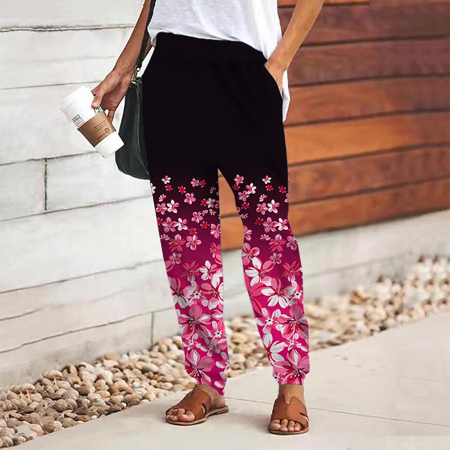 Women Flower Printing Pants Lace Up Elastic Waist Loose Trousers Casual Long Pants Trousers with Pockets