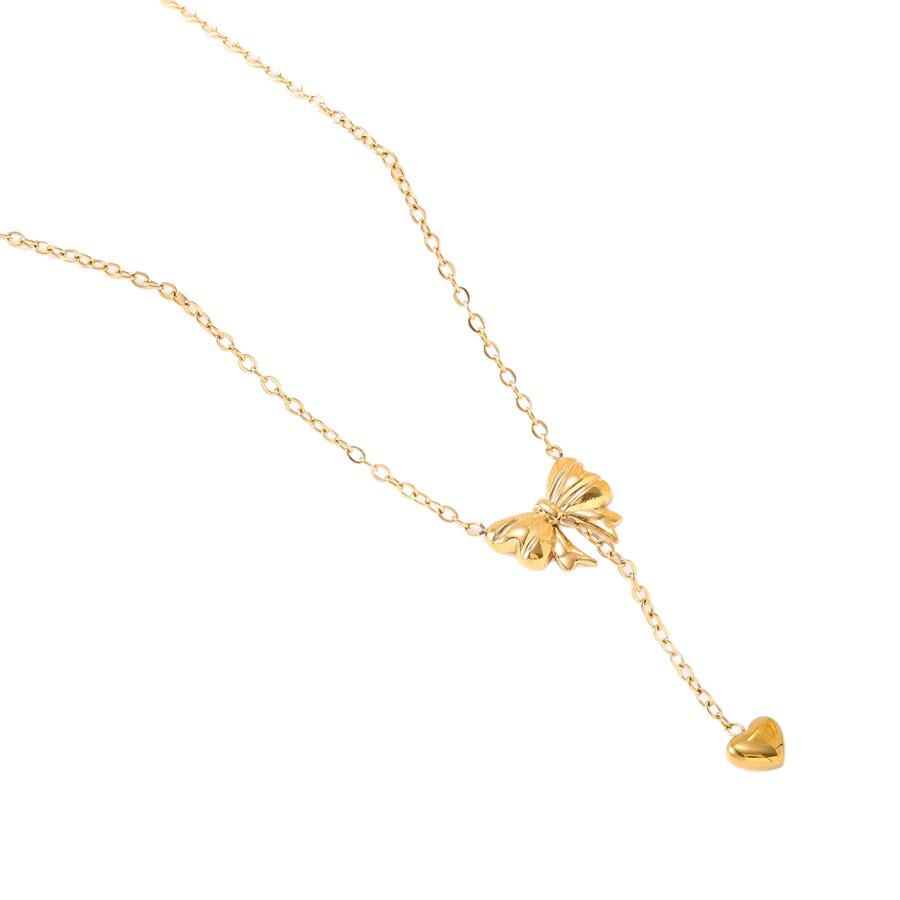 European & American Fashion Titanium Steel Princess Bow Heart Tassel Necklace - Light Luxury Sweet Style