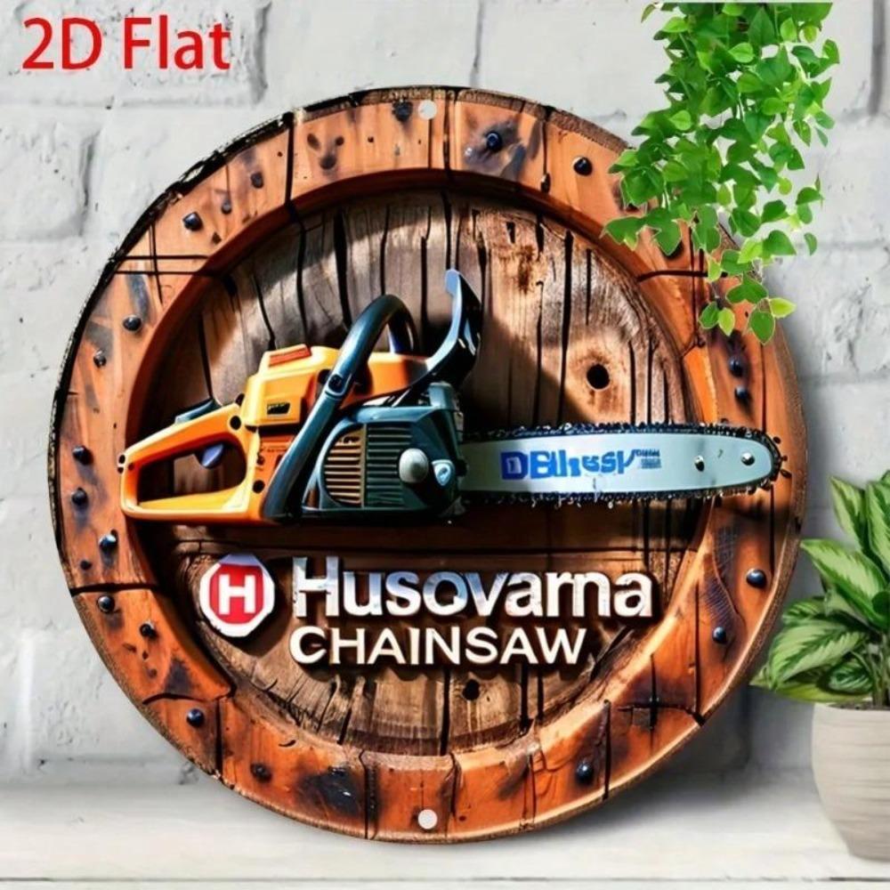 Vintage Style Chainsaw 2D Metal Tin Sign Wood Grain Decor Wall Art For Cafe Garage