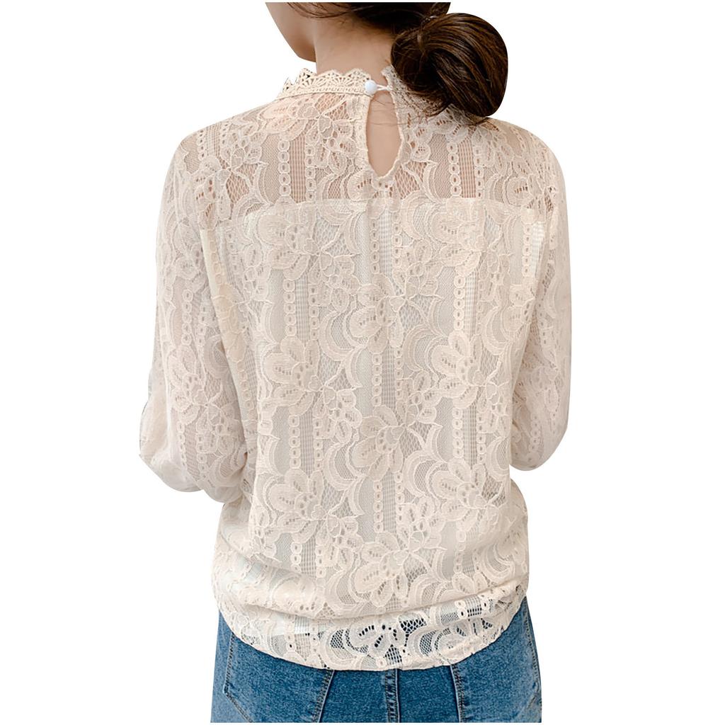 Fashion Women’s Floral Lace Long Sleeve Puff Sleeve Solid Tops