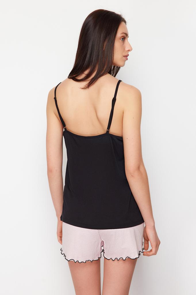 Women's Fashion New Pajama Set Black-Powder Polka Dot Ribbon Detailed Rope Strap Knitted Pajama Set