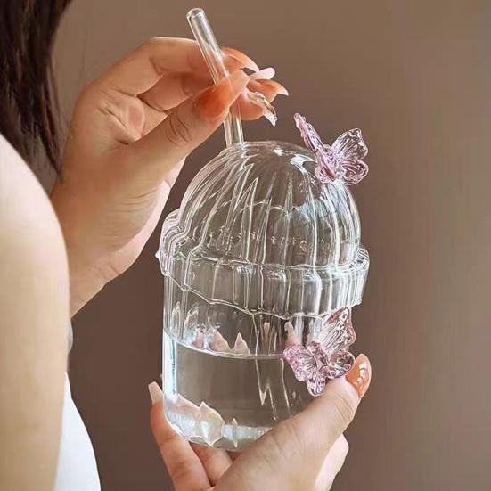 Стеклянная чашка-бабочка с соломинкой и крышкой 400 мл Стакан для питья-бабочки Ретро кружка для кофе Чайная чашка для сока, пива, виски