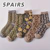 5 Pairs Women's 3D Floral Texture Socks, Elegant Mid-Calf Retro Court Style Full Set