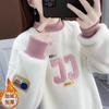 Женская флисовая супертолстая толстовка Color Block с рифленым воротником, вышивкой с буквенным патчем, свободная, имитация двух предметов, с длинным рукавом, пуловер, теплая зимняя верхняя одежда