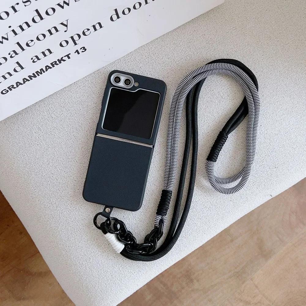 Простой кожаный чехол-ремешок с узором через плечо для Samsung Z Flip 6 5 4 3 Flip6 Flip5 Flip4 Flip3 5G Защитный чехол