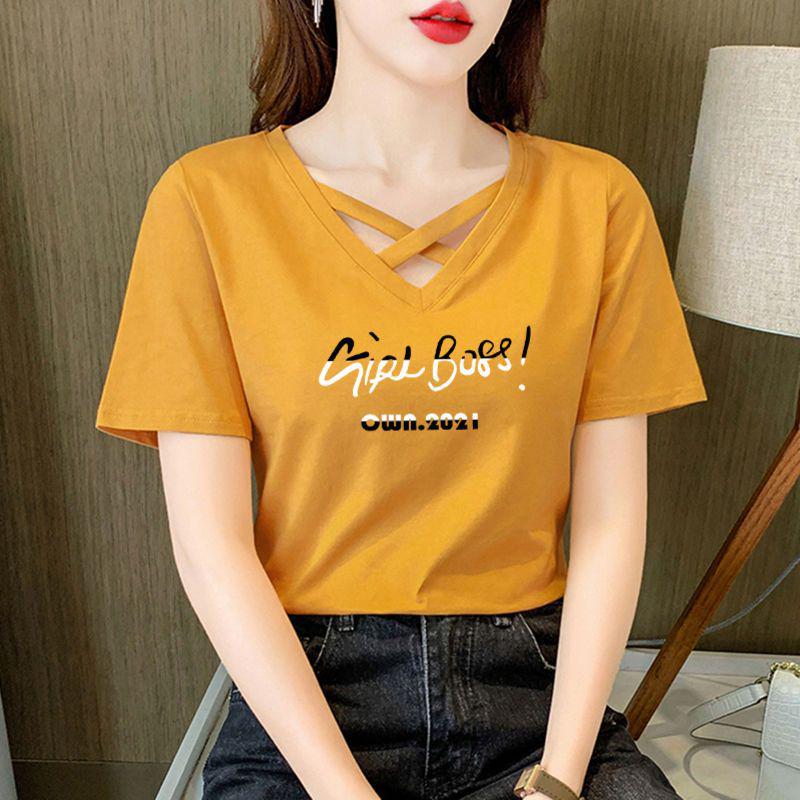 Женская футболка с коротким рукавом и V-образным вырезом с запахом из 100% чистого хлопка - Корейский повседневный летний модный тренд 2024