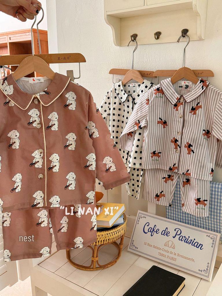 Весна 2025 Милый мультяшный пижамный комплект для детей – Отложной воротник, Детский дизайн, Брюки в комплекте