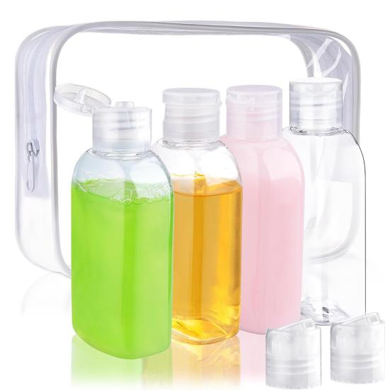 4Pcs Clear Bottles Kit for Toiletries BPA-Free Leak-Proof Refillable Containers for Shampoo Lotion Oils Cream Jars Reusable Travel Accessories