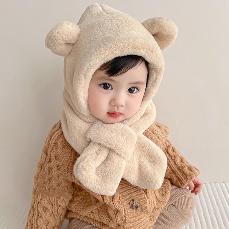 Зимняя детская шапка, шарф, цельная детская шапка из искусственного меха, теплая шапка с ушками в виде медведя из мультфильма для мальчиков и девочек, ветрозащитные шапочки, детские вещи