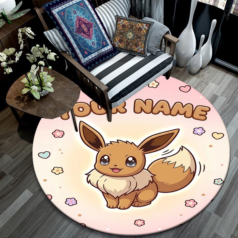 Custom Name,Eevee pattern round rug,Carpet Rug for Living Room Bedroom Playroom ,Non-slip Floor Mat,Holiday Gifts and Birthday Gifts.