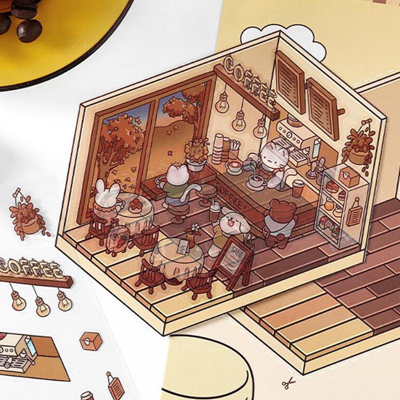 1 лист 3D Пейзаж Хижина Сумка Наклейки Наклейка для питомца Милый мультфильм Карманный DIY Сцена Ландшафтный Декор Наклейка