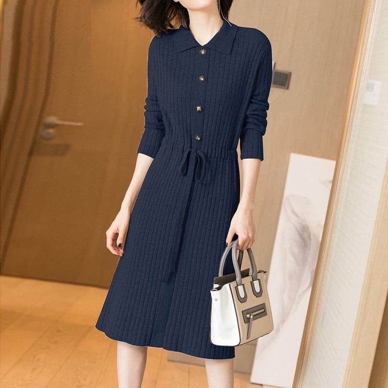 Новый дизайн, женские трикотажные платья, женское платье с длинными рукавами, осенне-зимние узкие платья с отложным воротником и пуговицами