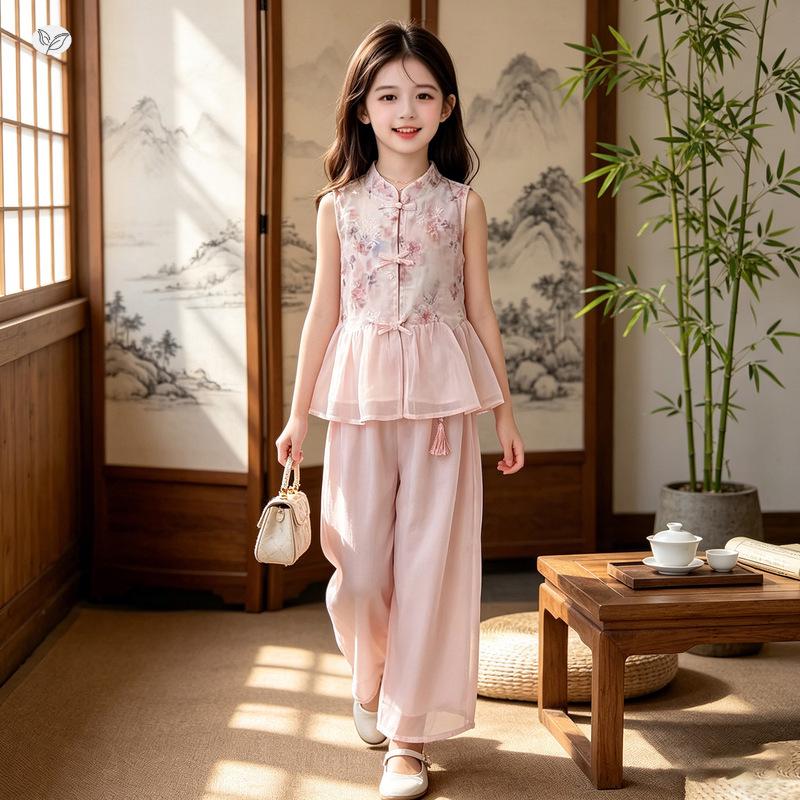 Летний комплект Hanfu для девочек: топ без рукавов и широкие брюки