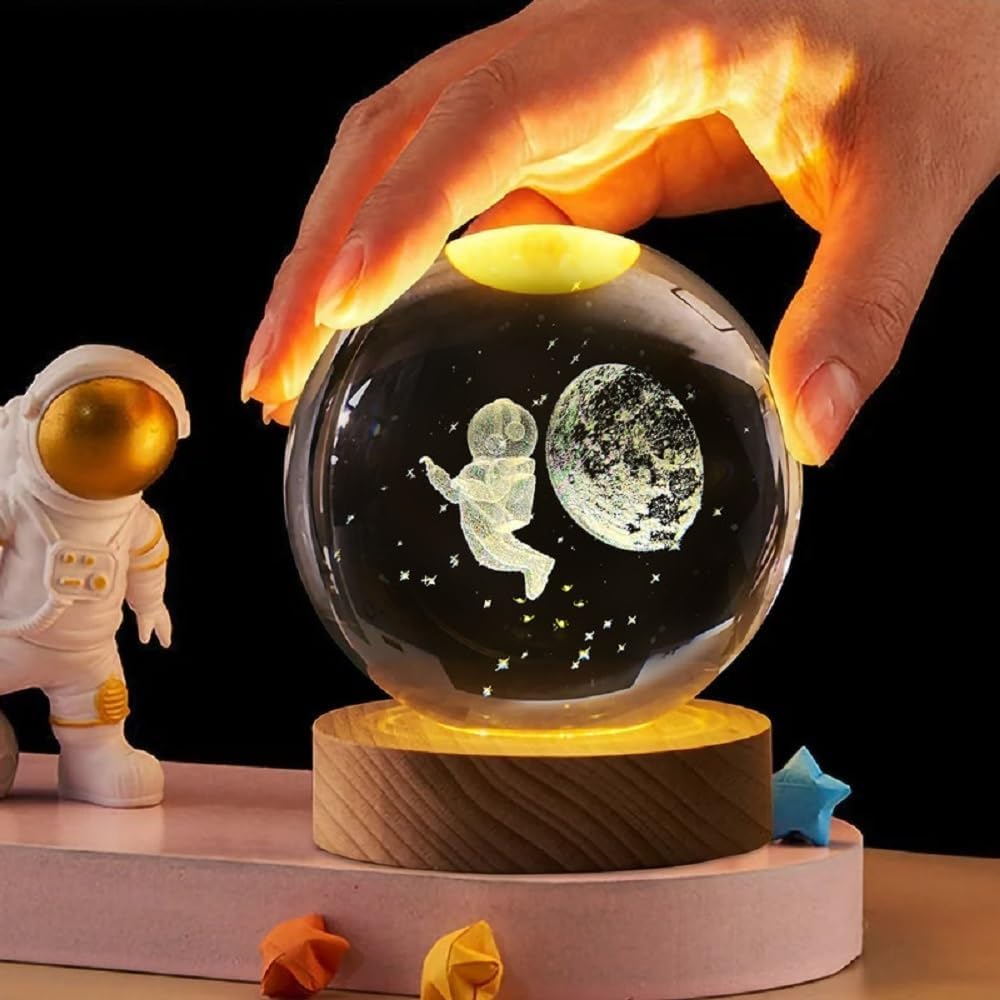 3D Crystal Ball Night Light Space Astronaut Half Moon With LED Wooden Stand