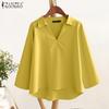 Women Casual Turn Down Collar Loose 3/4 Sleeve Cotton Blouse