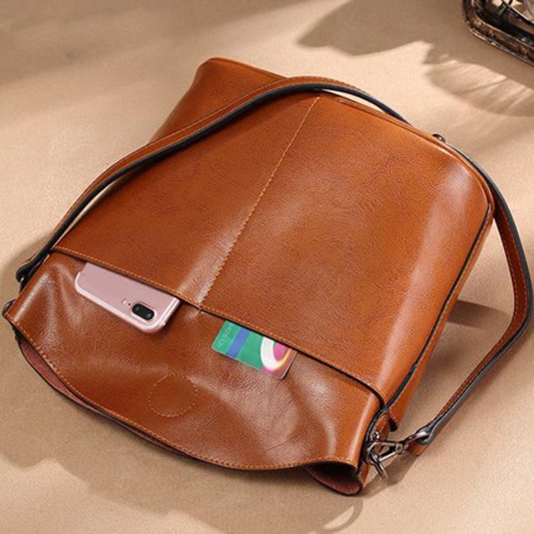 Women's Bag Genuine Leather Fashion Single Shoulder Bag Casual Versatile Simple Crossbody Bag Bucket Bag European and American Retro Style
