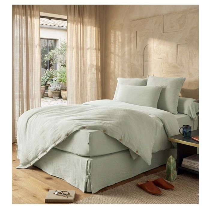 Cache sommier gaze de coton 90 x 190 cm Gaia Vert d'eau