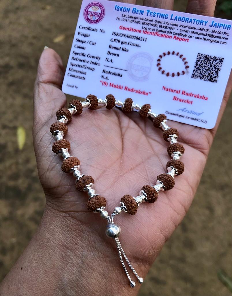 LAB CERTIFIED + 925 Silver + Natural 8 Mukhi RUDRAKSHA Rudraksh Bracelet, Adjustable Indian Origin Lord Shiva Yoga Prayer Meditation