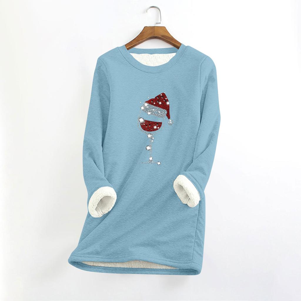 Женский круглый вырез с длинным рукавом и рождественским принтом, утолщенный плюшевый кашемировый теплый длинный топ