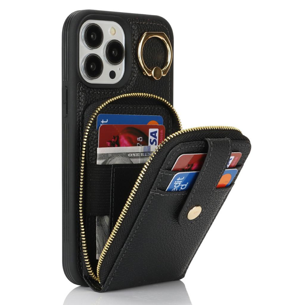For iPhone 14 Pro Max Case with Zipper Pouch/Ring Kickstand/Strap Litchi Texture PU + TPU Phone Cover