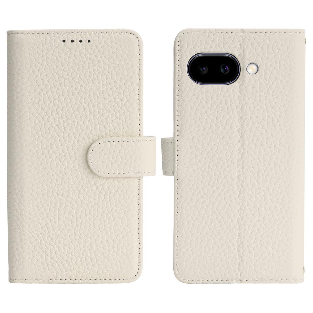 For Google Pixel 9a Stand Case Litchi Texture Genuine Cow Leather Wallet Phone Cover RFID Blocking