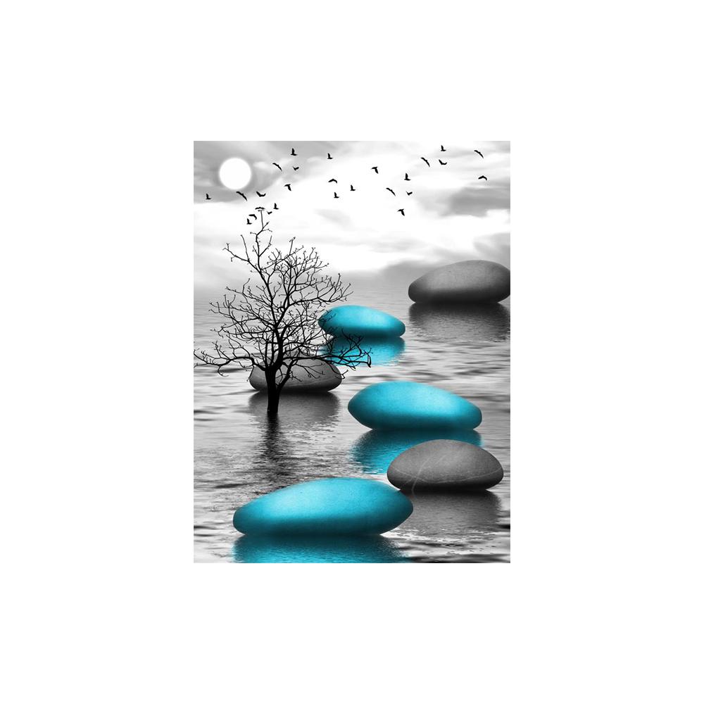 Modern Black and White Landscape Canvas Painting Blue Zen Stone Posters and Prints, Tree Art for Living Room Decoration Unframed