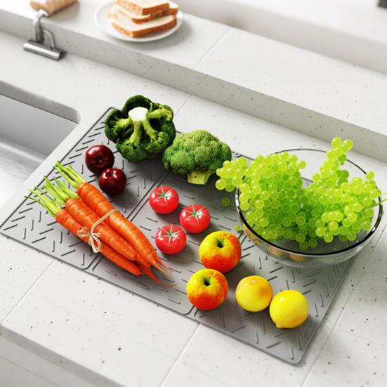 Silicone Dish Drying Mat for Kitchen Counter 3-Fold Large Drain Pad with Hanging Hole Non-Slip Countertop Drying Rack Multifunctional Drainer Board