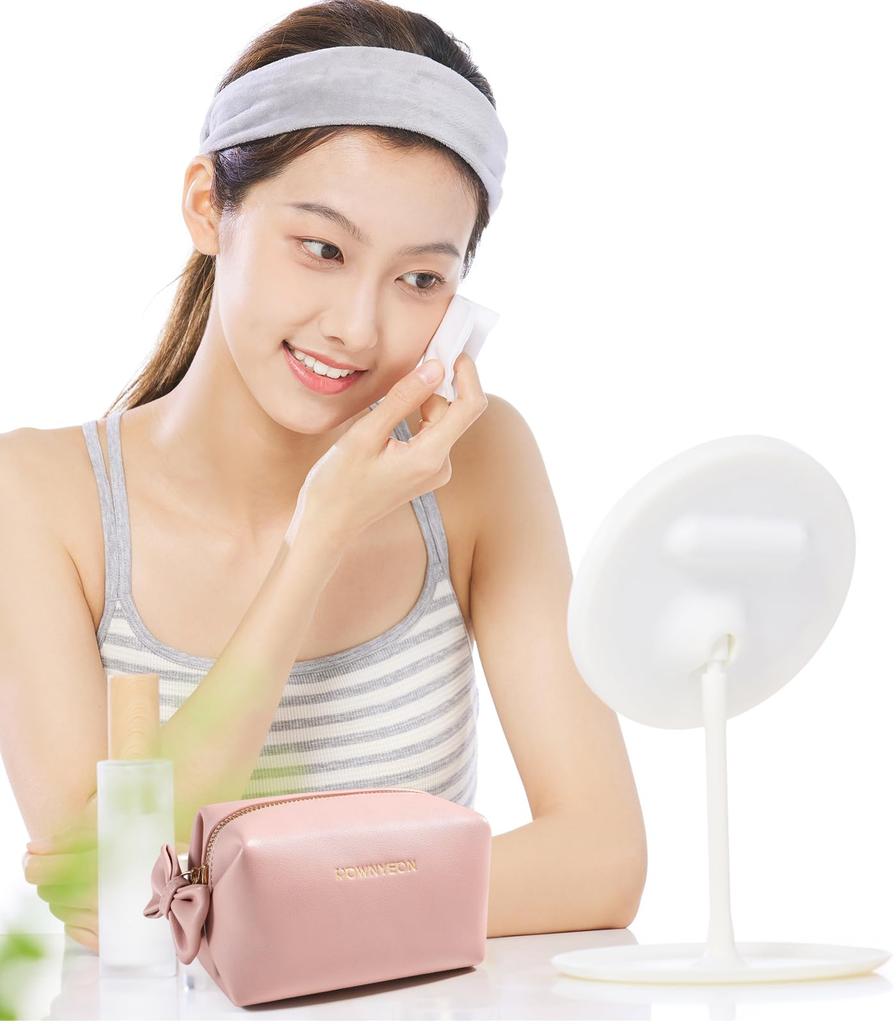 Rownyeon Portable Makeup Cute Ribbon Korean PU Birthday Gift Pouch, Design, Compact, Multi-Compartment, Style, Water-Repellent Leather, Mini, Small,