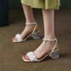 Fashion Women's Fashion Temperament Sandals 2024 Summer New Korean Version Middle Heel Women Open Toe Pearl Inlaid Crystal High Heels