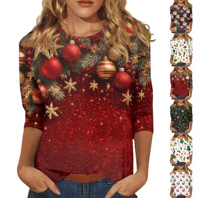 Женские топы Рубашка с рукавом три четверти V-образный вырез Свободная повседневная рубашка Футболка с принтом