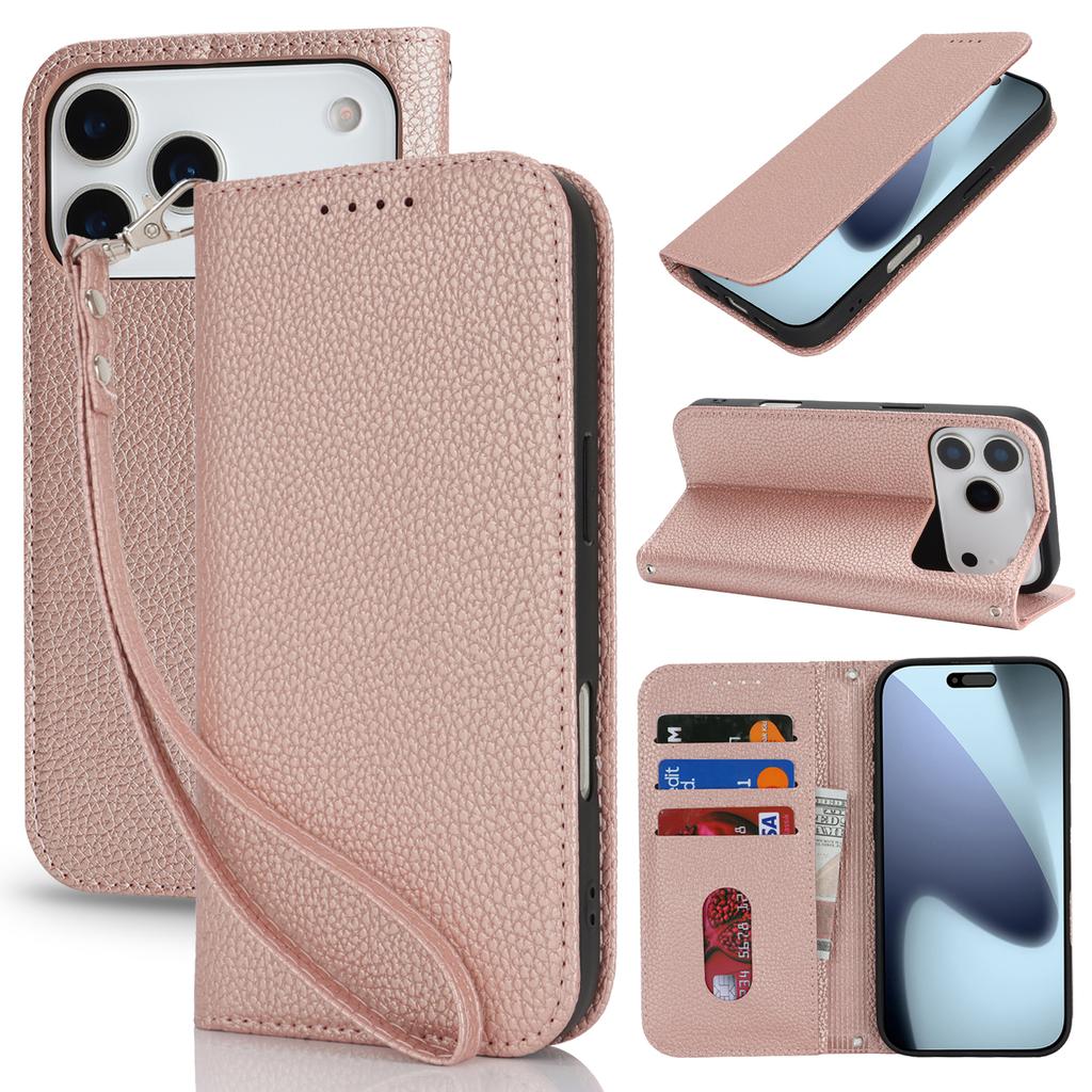 For iPhone 17 Pro Max Case Stand Wallet Litchi Texture Leather Flip Phone Cover with Strap