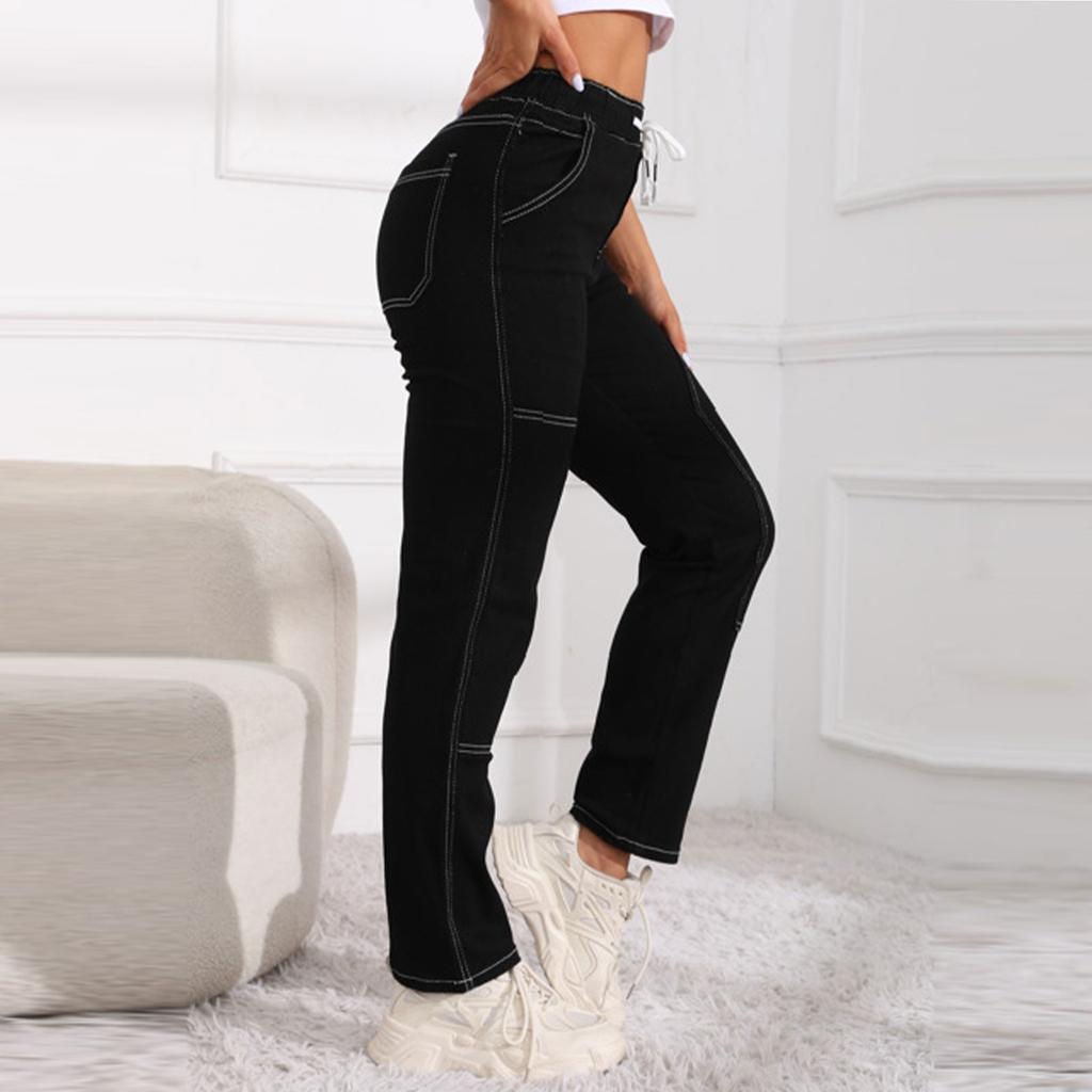 Girls Fashion High Waist Elastic Drawstring Elastic Waist New Fashion Straight Jeans