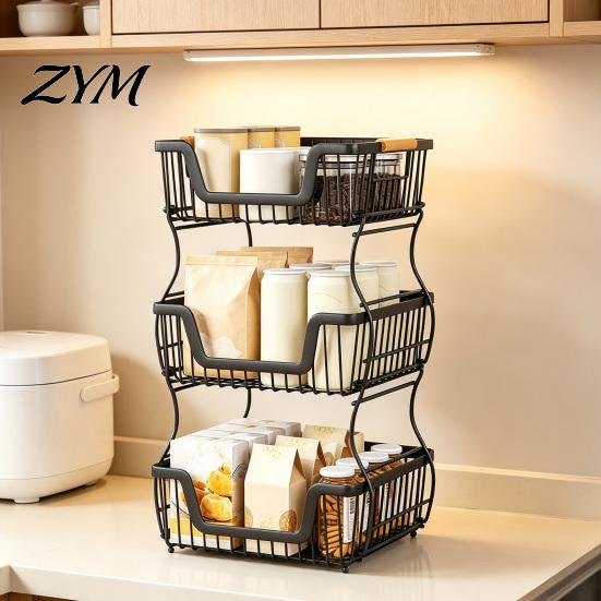 Countertop Organizer Rack 2/3 Layer Rack, Heavy Duty Fruit Basket Stand, Kitchen Counter Space Saving Carbon Steel Storage for Kitchen, Pantry 3 Tier