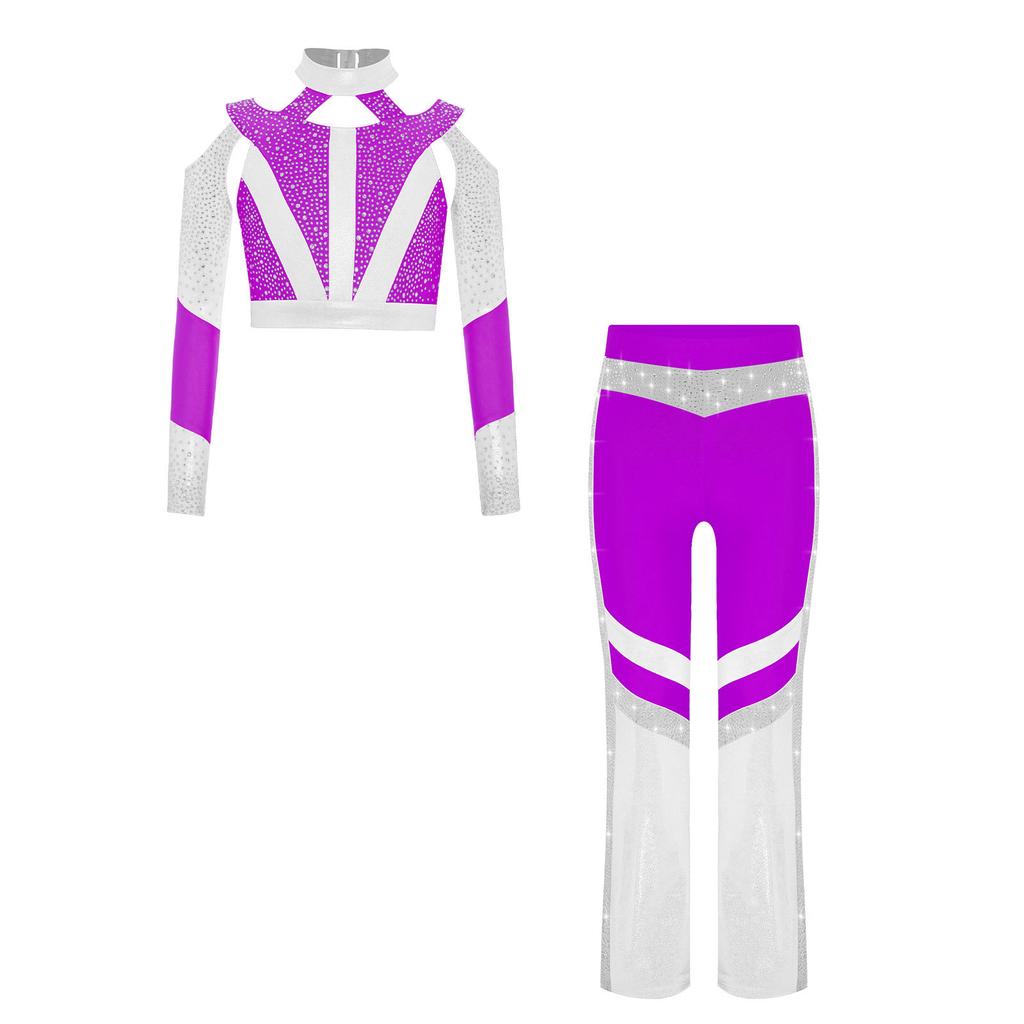 Girls Gymnastics Costume Long Sleeve Shiny Top Rhinestone Color Block Cross Back Flared Pants
