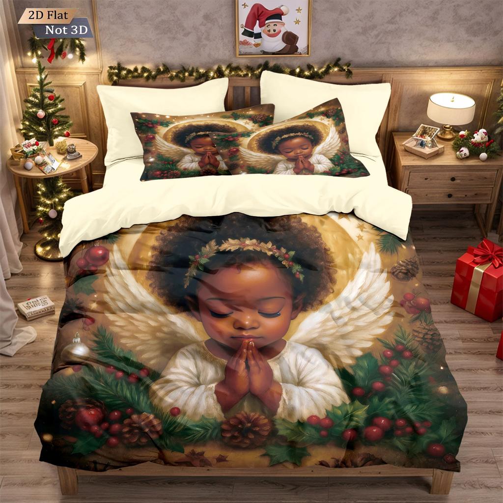Three-piece Christmas Bedding Set, Brushed Duvet Cover and Pillowcase Set with Santa Claus Digital Print