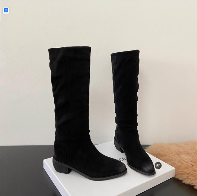 Модные женские сапоги со сборками, темпераментные, на среднем каблуке, женская обувь, модные осенние однотонные сапоги до колена, женские высокие сапоги-ботфорты