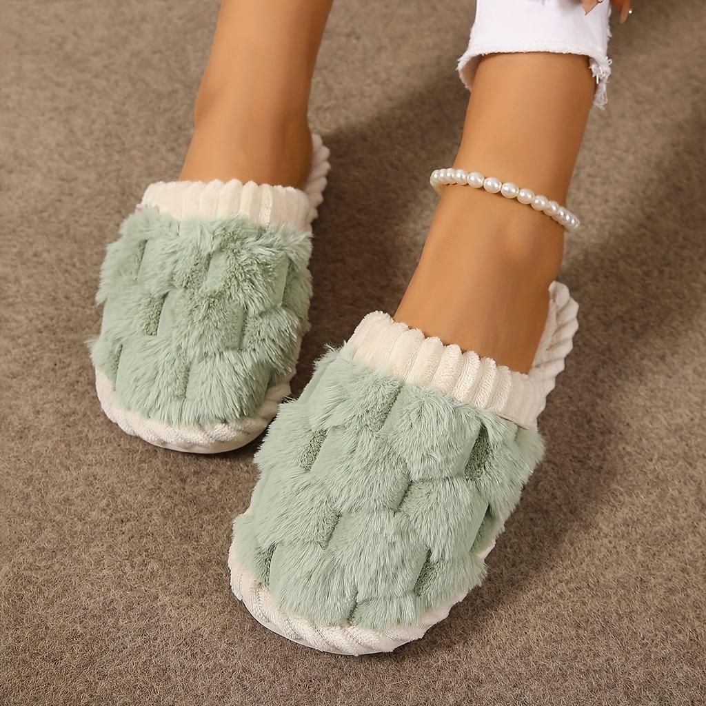 1 Pair Faux Fur Slippers, Casual Slip On Plush Lined Shoes, Comfortable Indoor Home Slippers