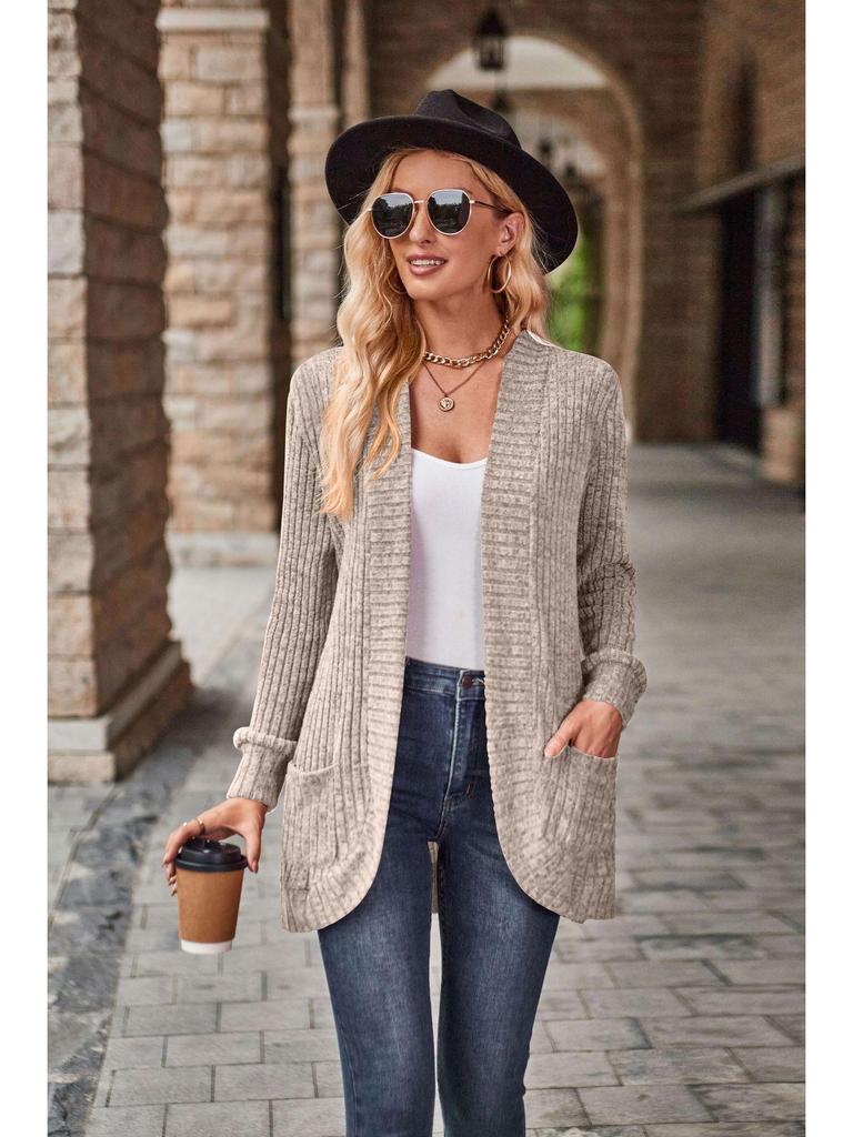 2024 Autumn Striped Solid Color Splicing Long Sleeve Cardigan Jacket