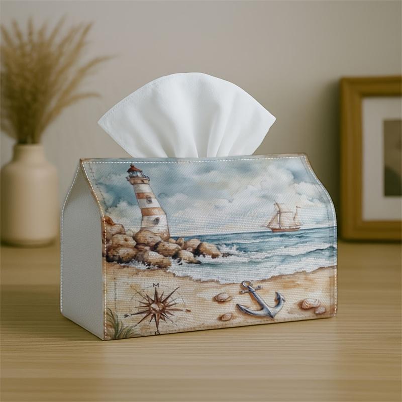 1pc Nautical Vintage Coastal Tissue Box Cover, Featuring a Lighthouse And Anchor Design, Is Made from High-Quality, Durable, And Lightweight Materials
