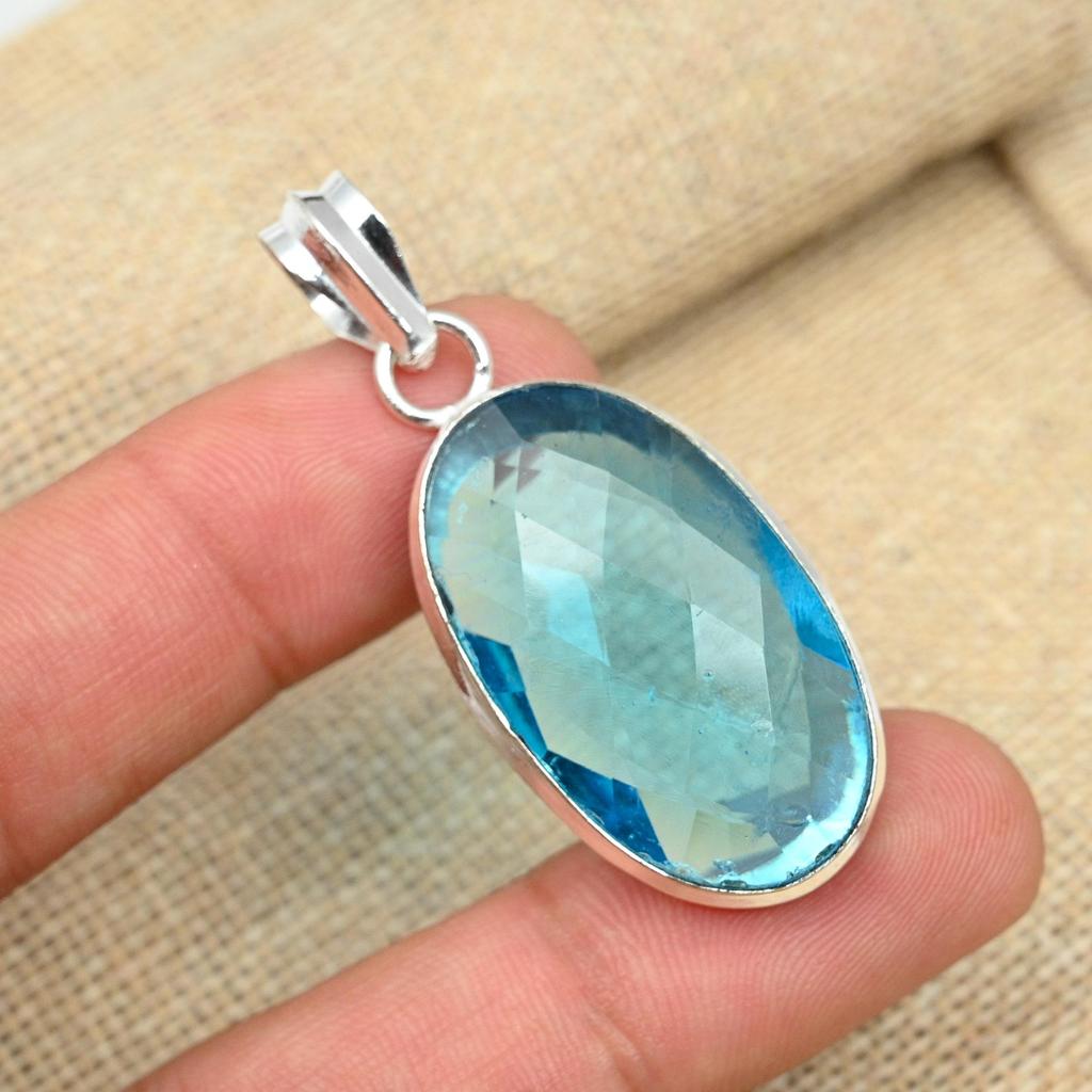 Blue Topaz Gemstone 925 Sterling Silver Handmade Pendant Wonderful Jewelry For Her