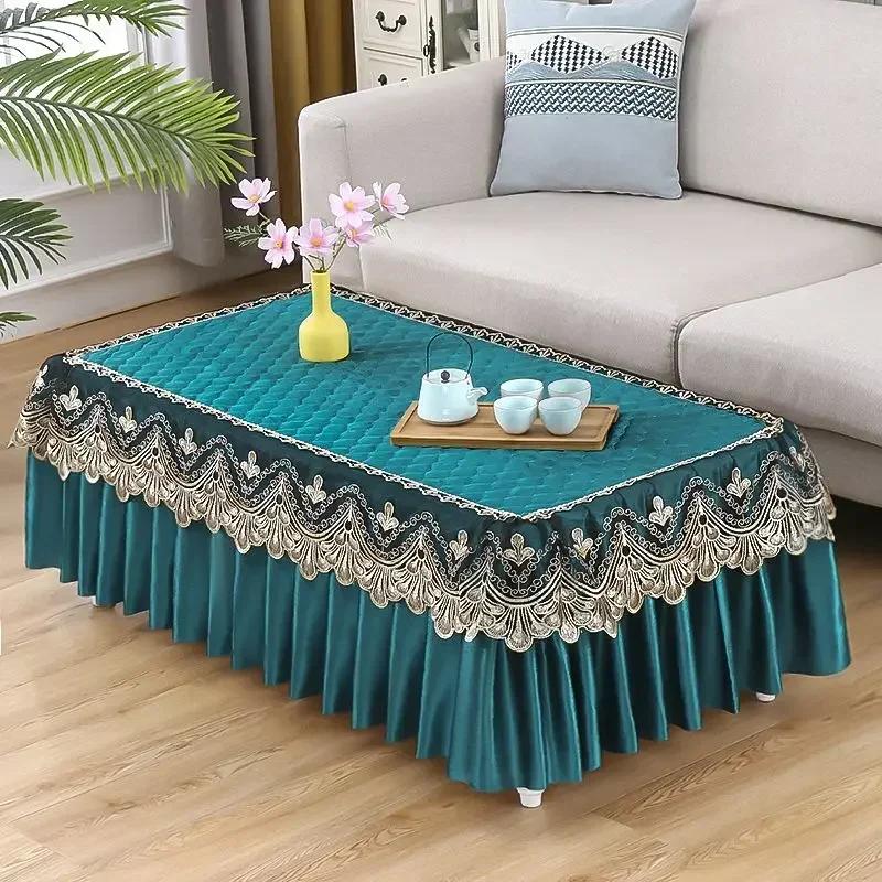 Thickened Anti Slip Velvet Tabletop Cover Embroidered Lace Edge Pleated Hem Tablecloth Tea Table Home Rectangular Dust Cover
