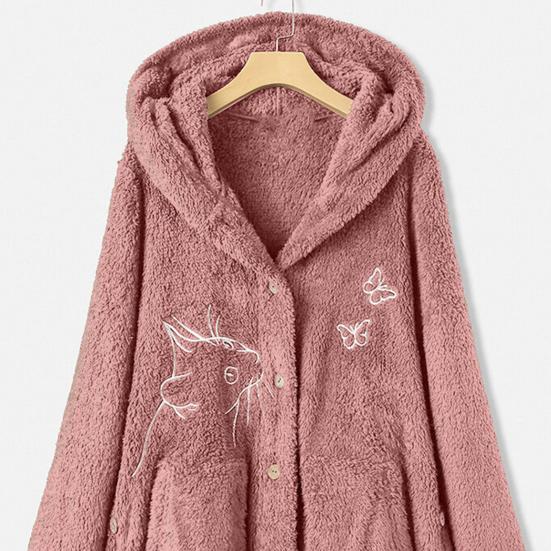 Women Winter Coat Thick Warm Thermal Long Sleeves Buttons Plush Butterflies Cozy Cat Pattern Winter Hoodie Coat for Outdoor