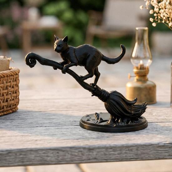 Прочная Фигурка Черной Кошки на Метле Ведьмы из PLA, 3D-Печатная Статуэтка Метлы, Хэллоуинское Украшение для Стола, Настольное Украшение для Многоуровневой Подачи, Стола,