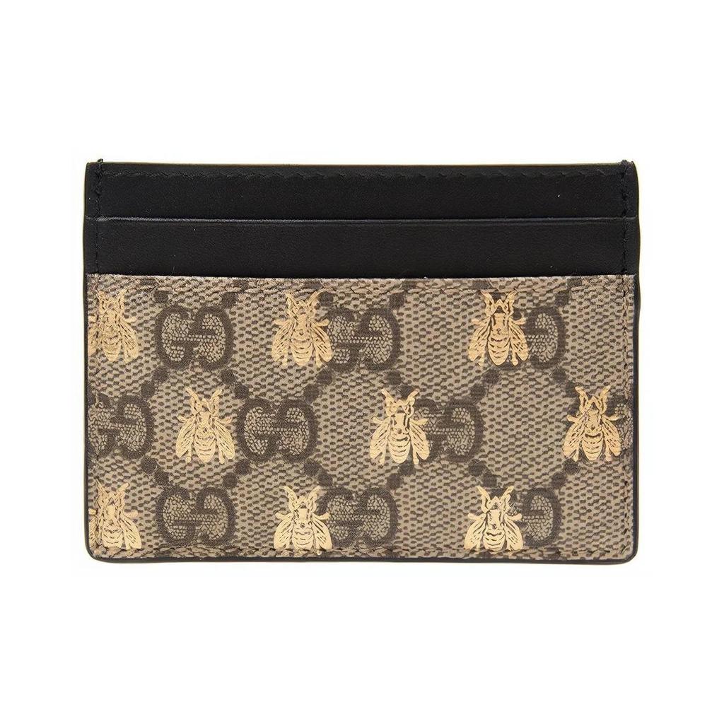 Gucci Кошелек-кардхолдер для женщин, сочетание холста и кожи, с принтом пчел и винтажным логотипом, цвет эбеновое дерево и черный